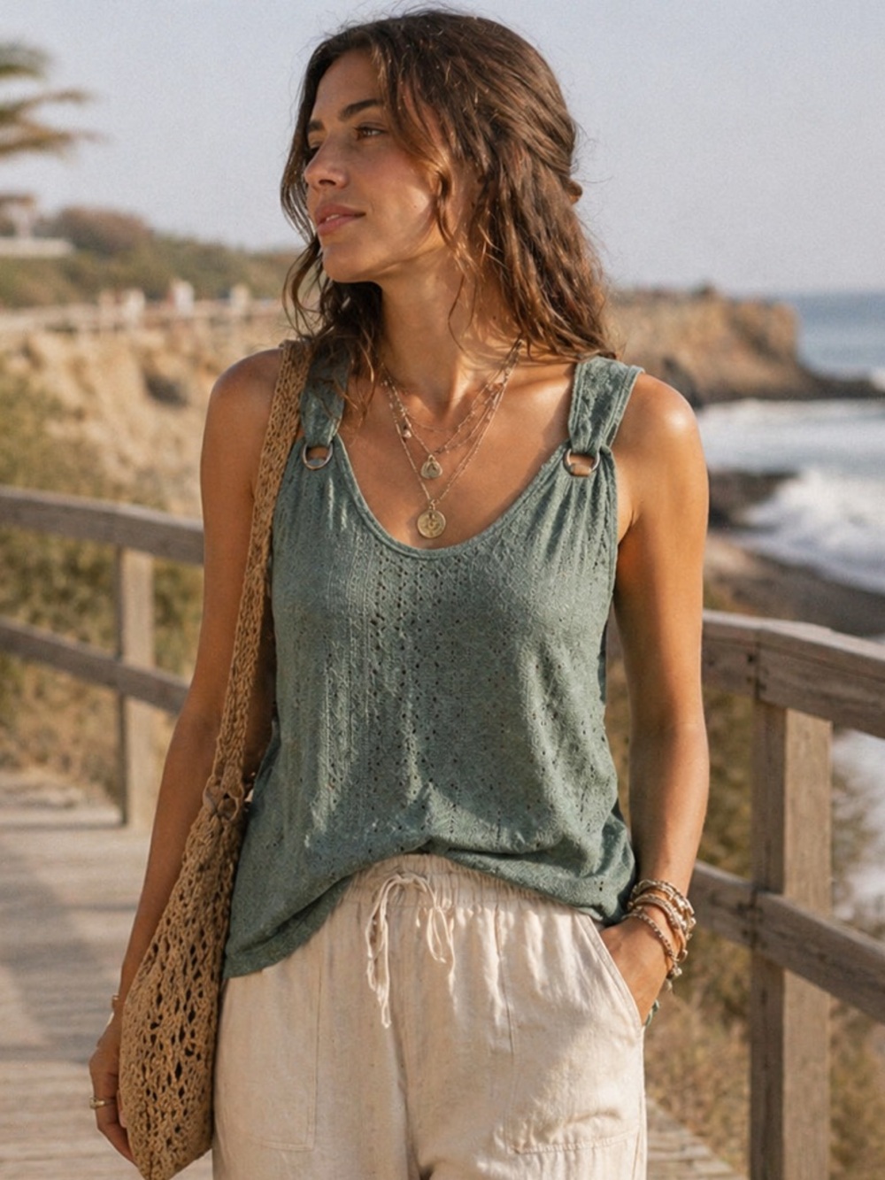 Olive Green Eyelet Top Sleeveless by Disamer New with tag